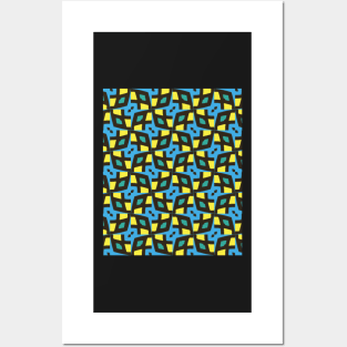 Crazy Fun Geometric Hexagonal Style Jigsaw Pattern in Blue Yellow Green and Black Posters and Art